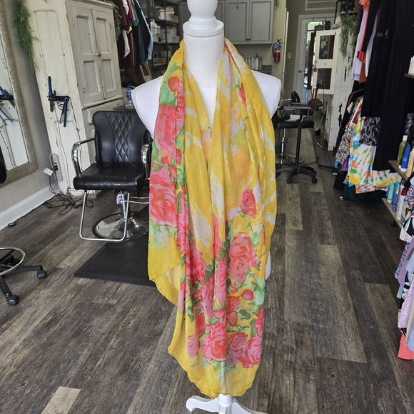 Floral Yellow and Pink Sheer Scarf Wrap Sarong - Picture 2 of 2